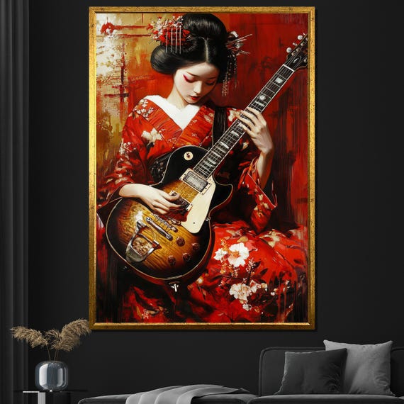 Geisha With Guitar Painting Modern Japanese Wall Art Bold And Vibrant Gift For Home Decor