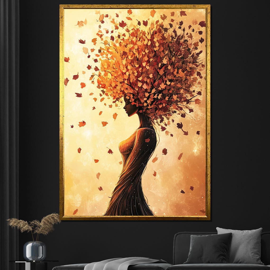 Autumn Leaves Hair Woman Silhouette Golden Fall Painting Wall Poster