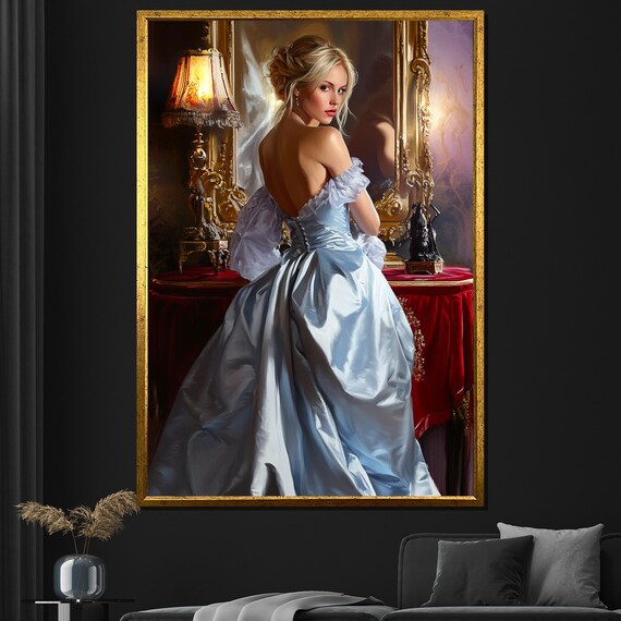 Vintage Elegance Blue Satin Gown Woman Classic Oil Painting Wall Poster