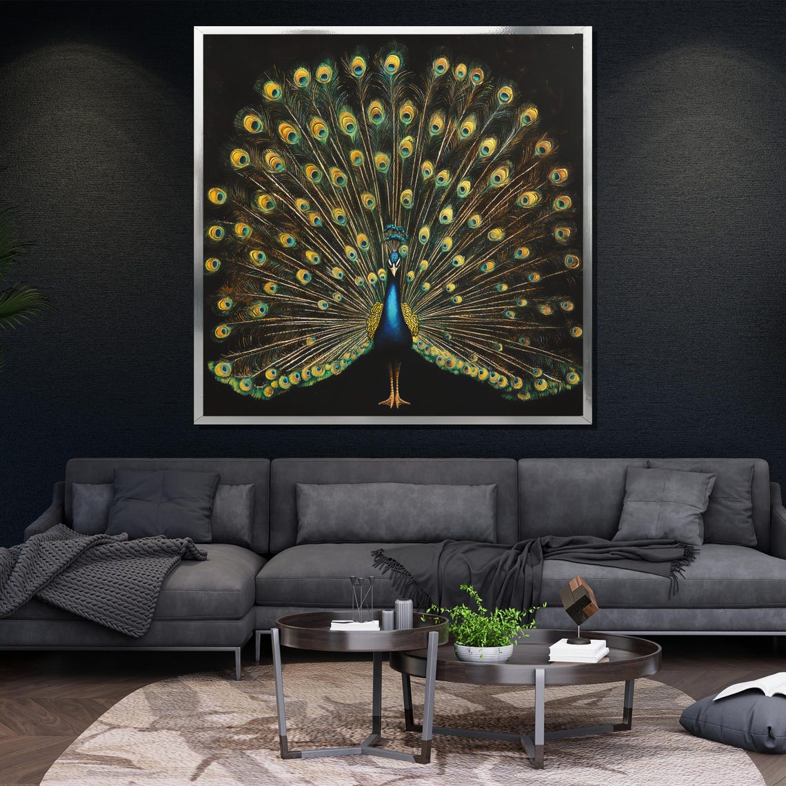 Peacock Fanned Tail Black Background Elegant Bird Art Poster - Image 4