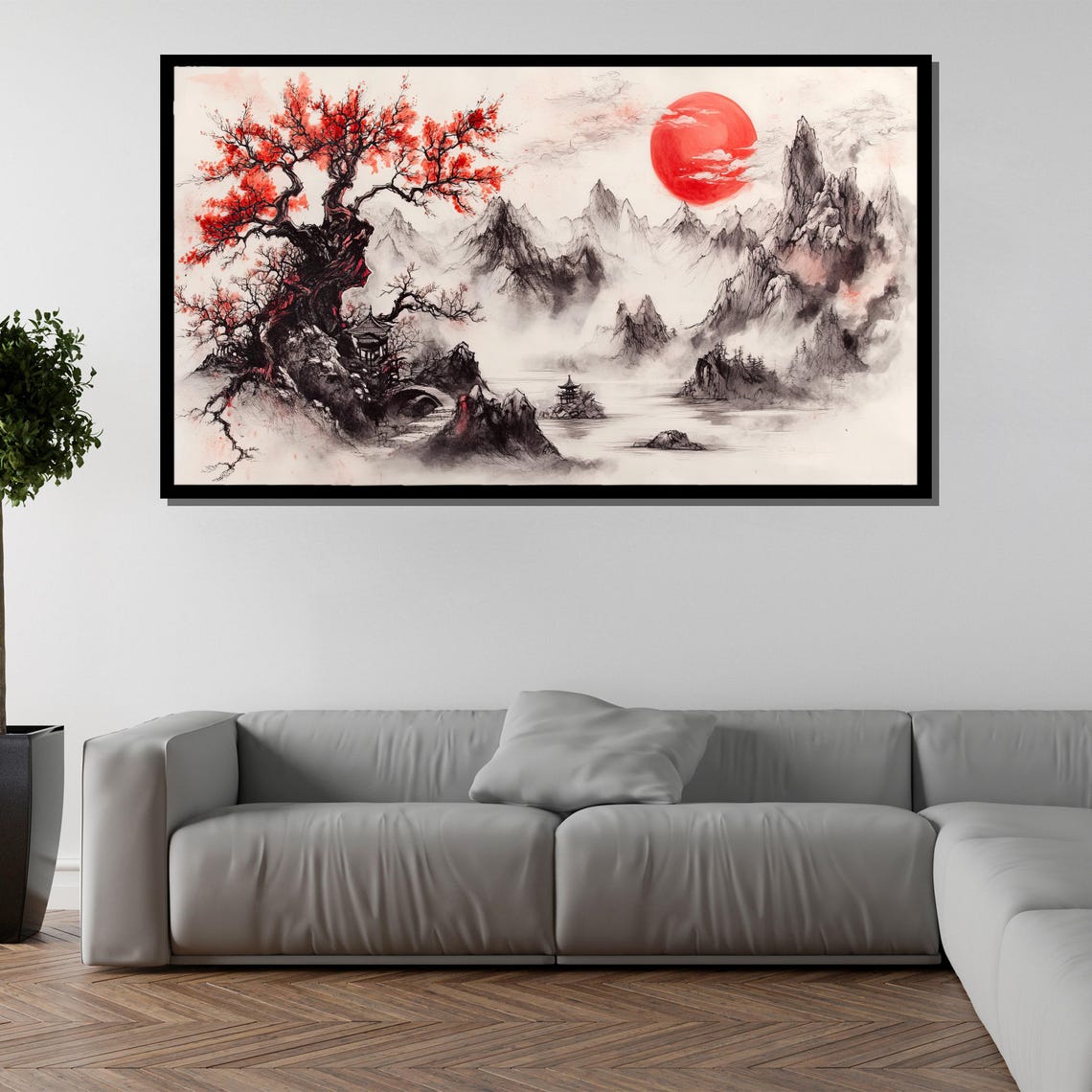 Japanese Ink Landscape Red Sun Misty Mountains Pagoda Art Poster - Image 5
