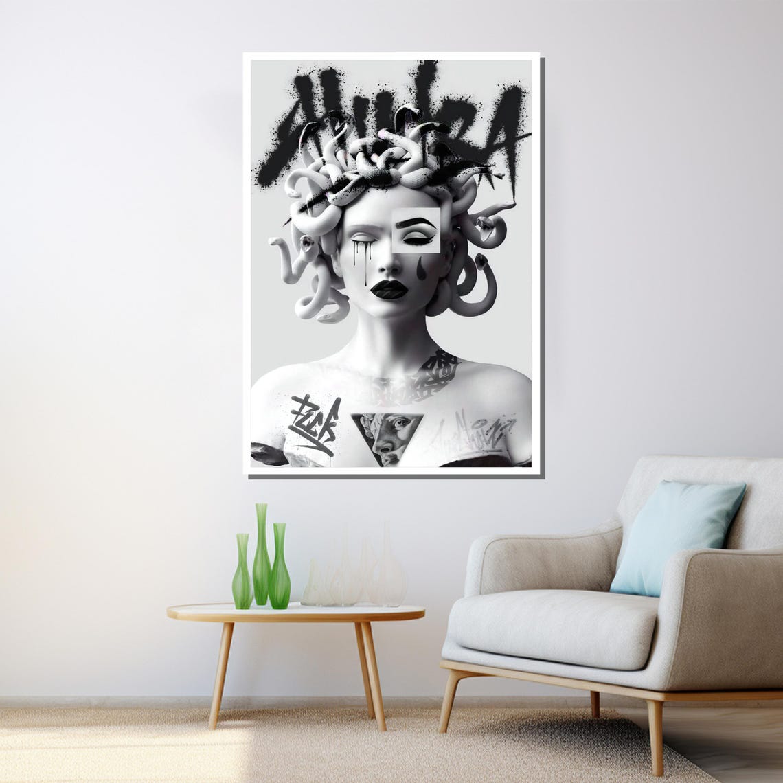 Modern Medusa Painting Graffiti Inspired Mythology Wall Art Bold Black And White Decor Unique Artwork Gift - Image 3