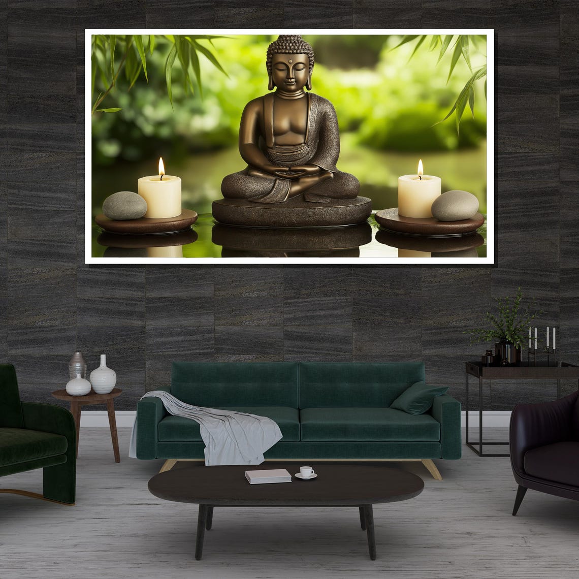 Bronze Buddha Candles Stones Serene Garden Zen Meditation Wall Poster - Image 3