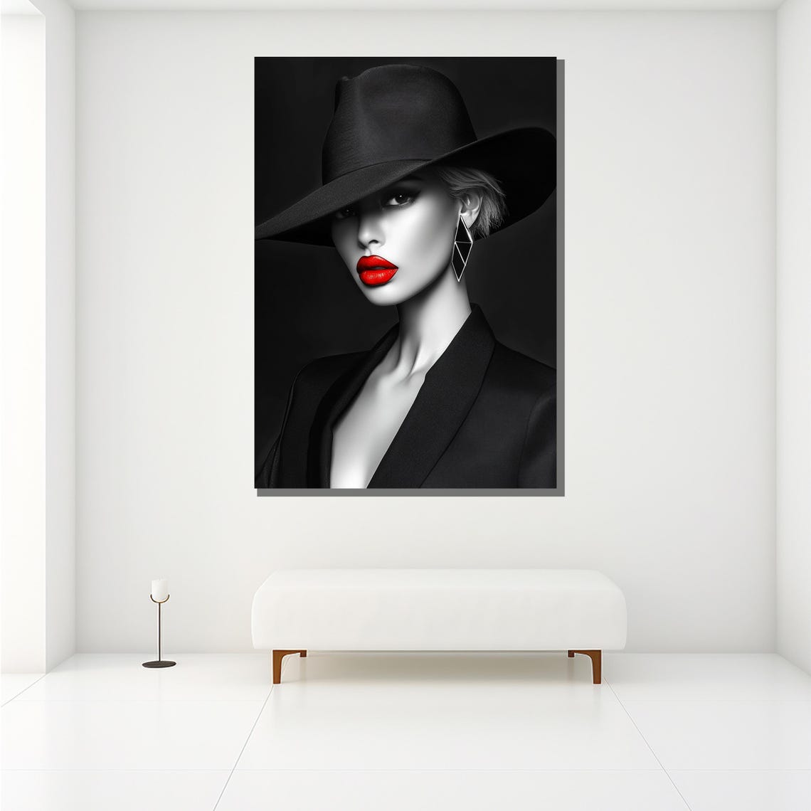 Black Hat Red Lips Woman Bold Monochrome Fashion Portrait Wall Poster - Image 2