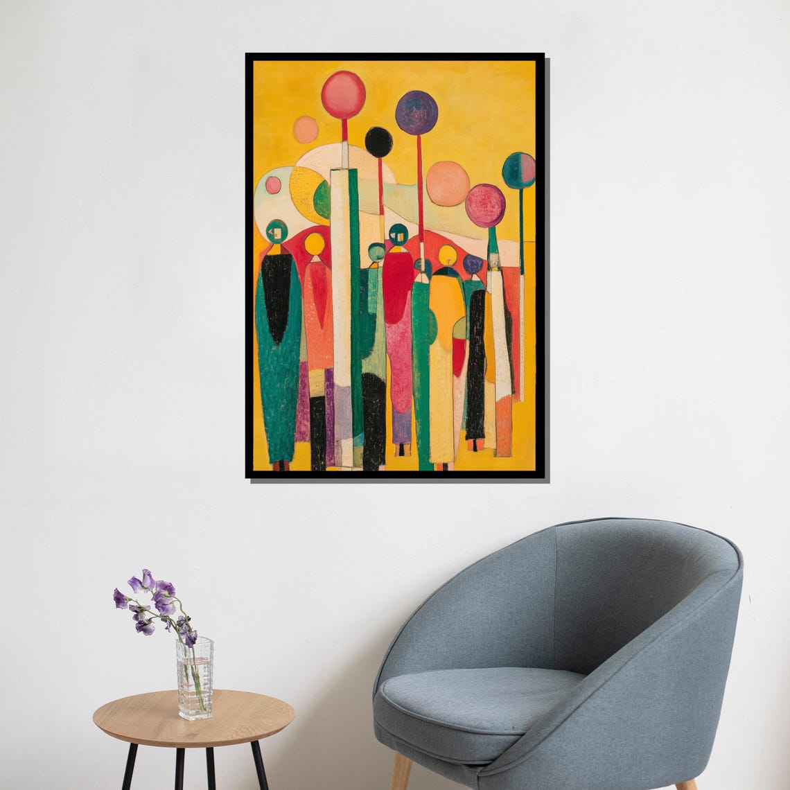 Abstract Crowd Of Stylized Figures Yellow Background Modern Art Poster - Image 5