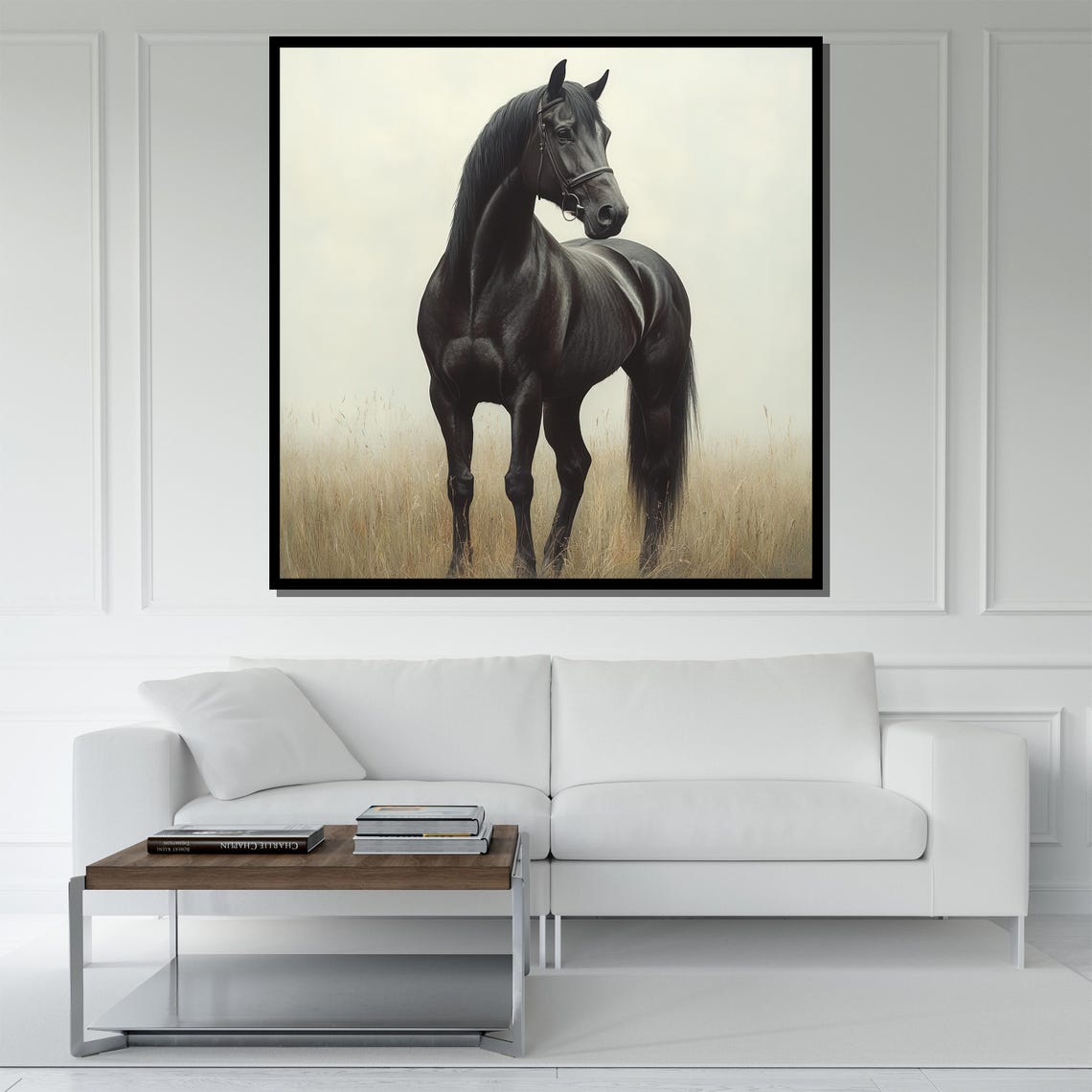 Majestic Black Horse Misty Golden Field Elegant Equine Art Poster - Image 5