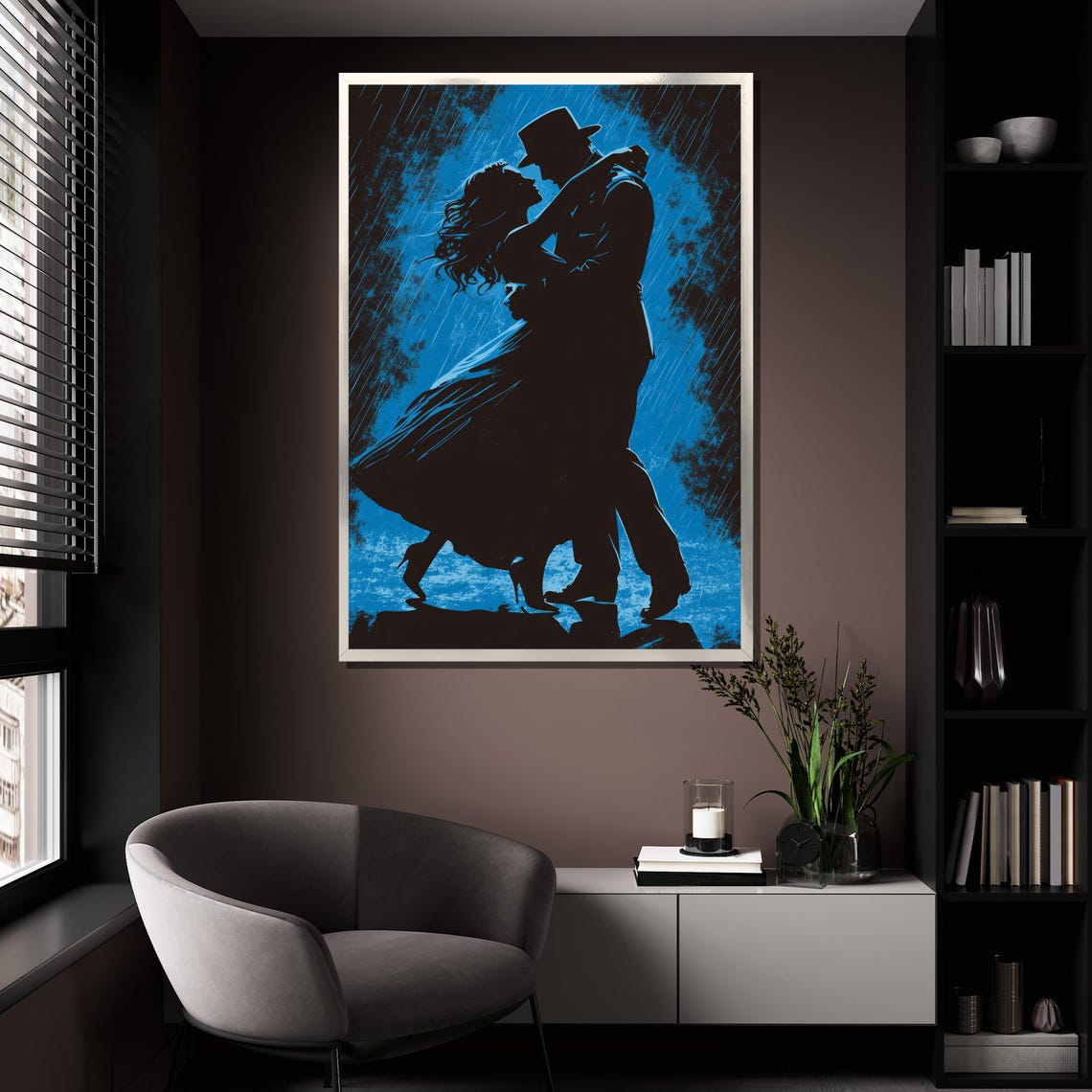 Romantic Couple Dancing In Blue Rain Night Silhouette Painting Poster - Image 4
