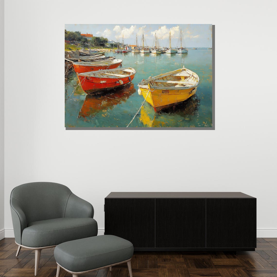 Colorful Boats In Harbor Impressionist Coastal Scene Art Poster - Image 2