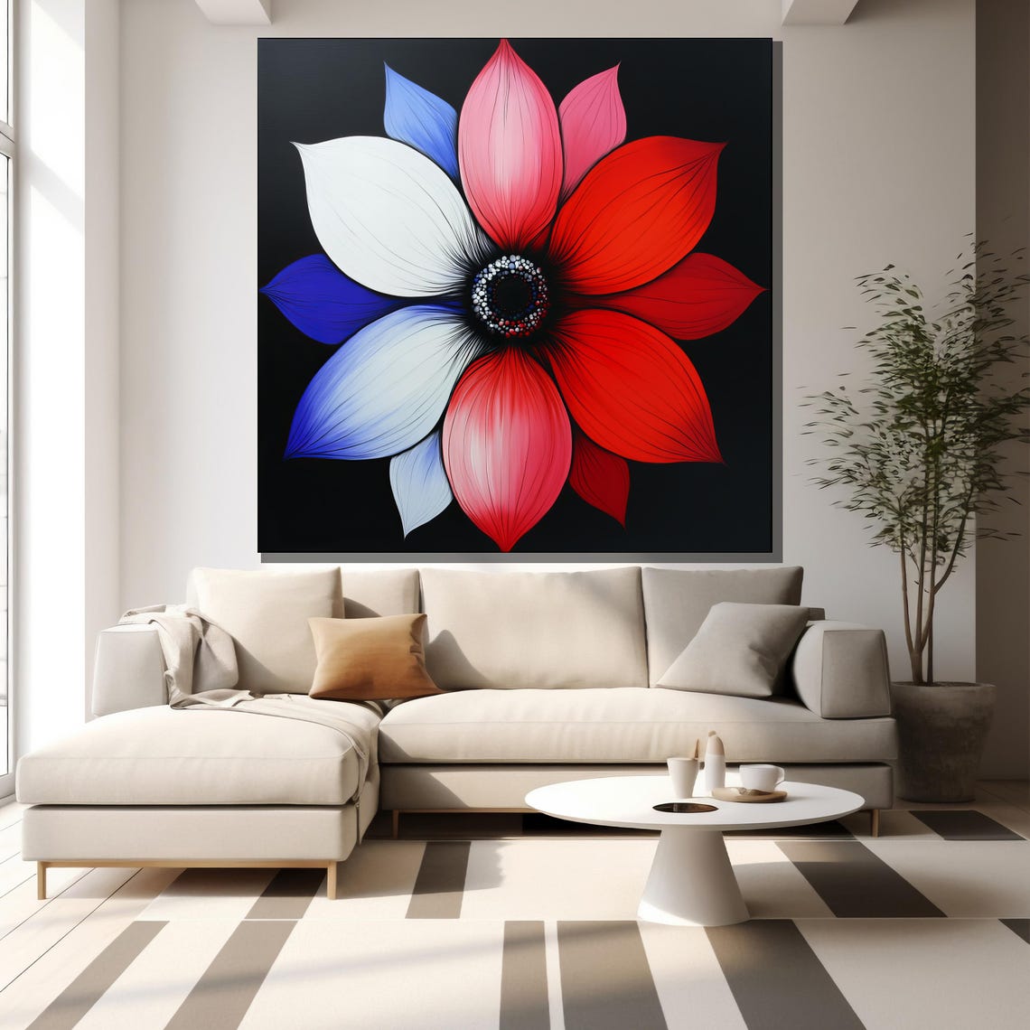 Bold Modern Red White And Blue Flower On Black Background Art Poster - Image 2