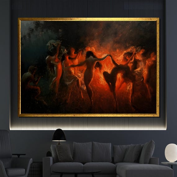 Mystical Fire Dance Painting Dramatic Wall Art Ethereal Women Dancing Fiery Scene Artwork Unique Home Decor Gift