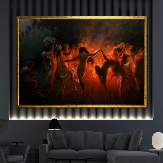 Mystical Fire Dance Painting Ethereal Women Dancing Around Bonfire Poster