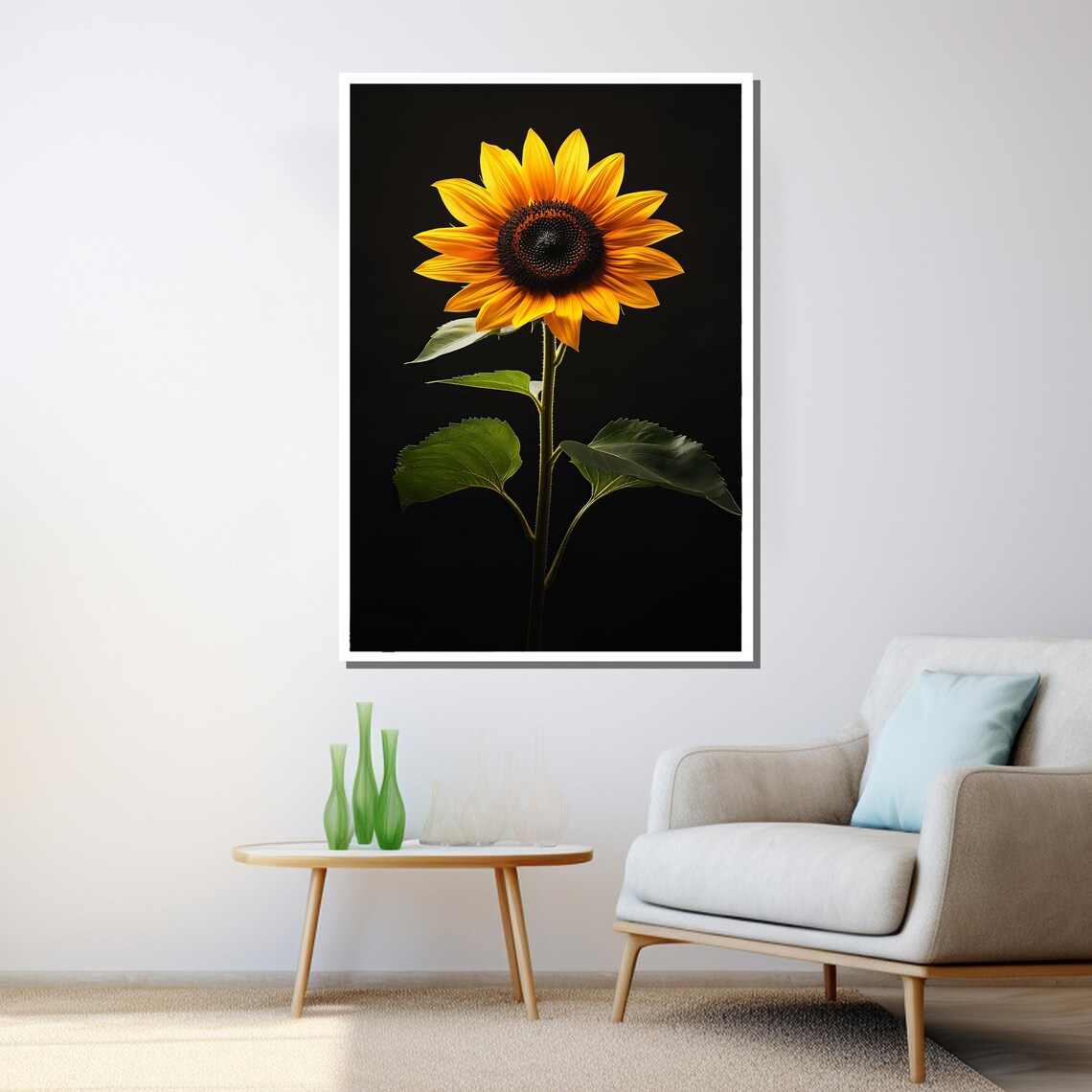Sunflower With Green Leaves On Black Background Nature Art Poster - Image 3
