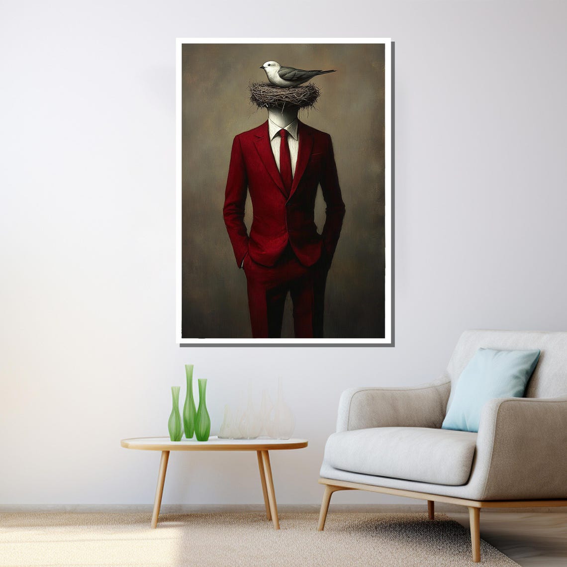 Man In A Red Suit With A Bird Nest For A Head Surreal Poster - Image 3