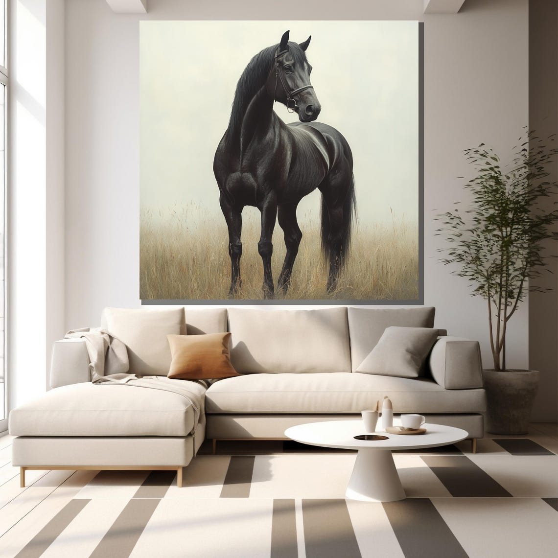 Majestic Black Horse Misty Golden Field Elegant Equine Art Poster - Image 2