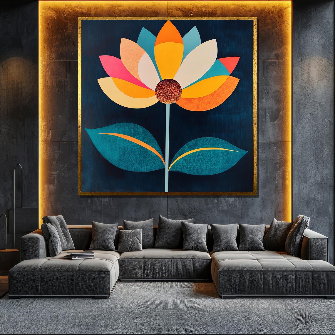 Colorful Geometric Flower On Dark Blue Modern Minimalist Art Poster