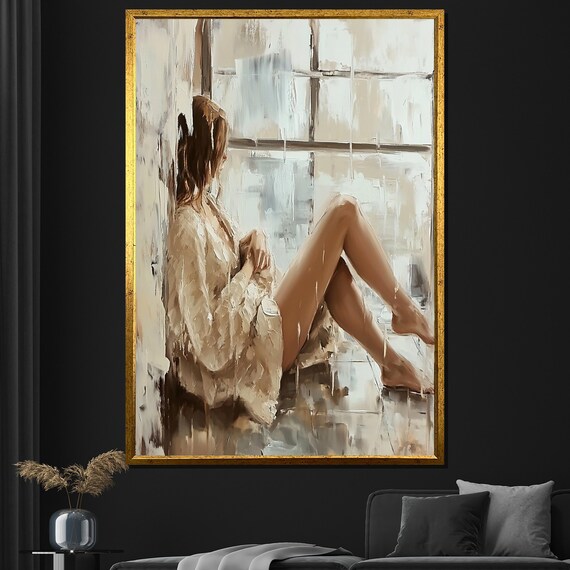 Woman By Window Impasto Painting Serene Neutral Minimalist Canvas Wall Art