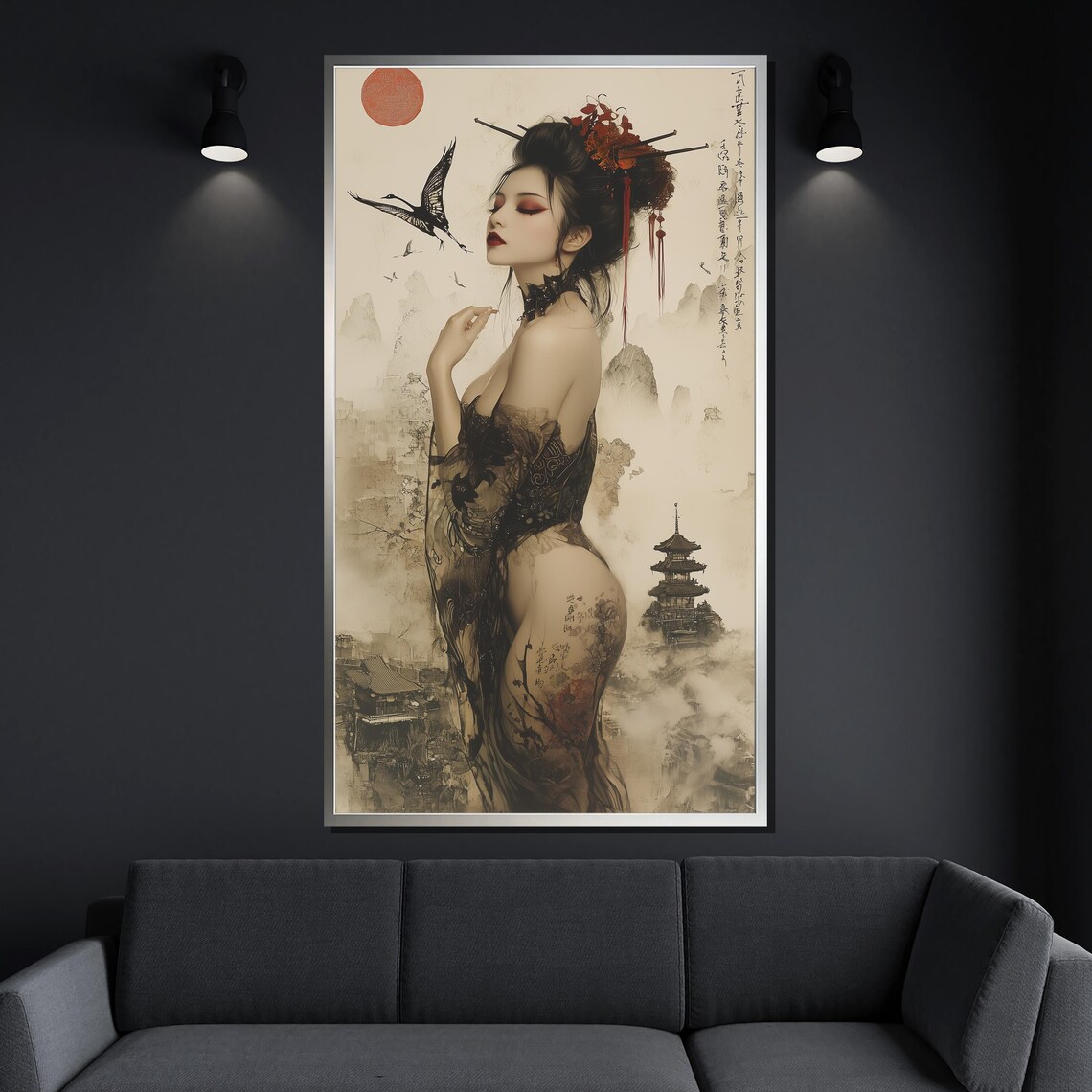 Geisha and Red Sun Japanese Asian-Inspired Art Print - Image 4