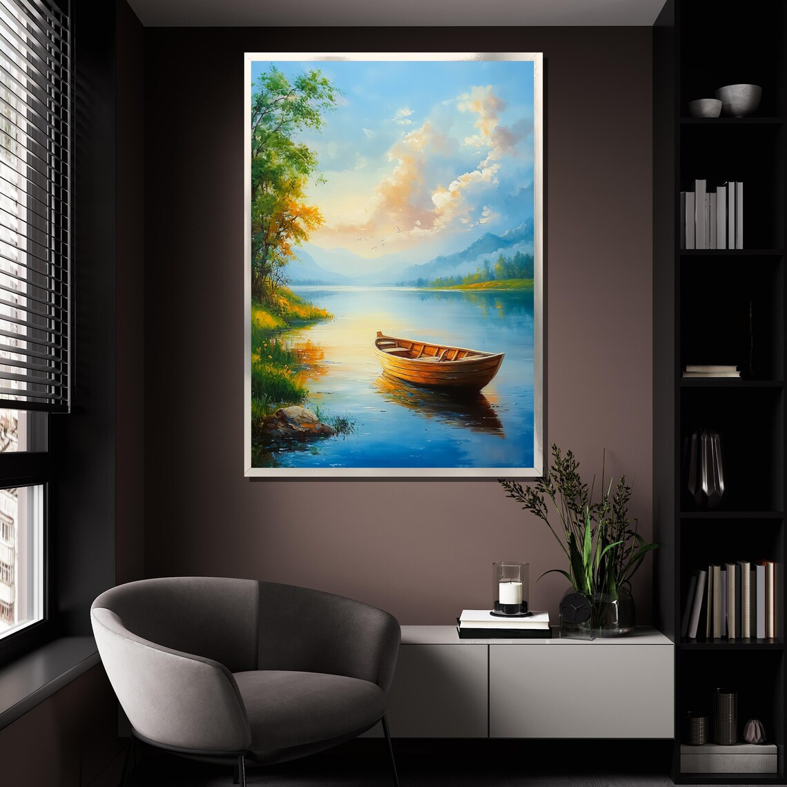 Wooden Rowboat Calm Lake Sunset Golden Trees Tranquil Painting Poster - Image 4