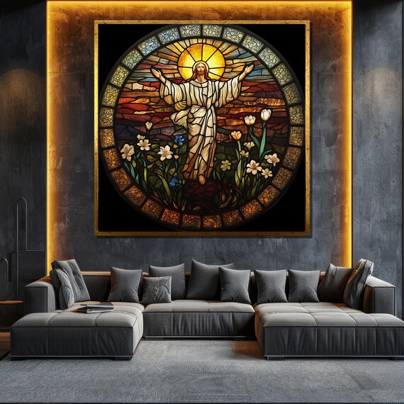 Jesus Stained Glass Window Round Church Floral Religious Art Poster