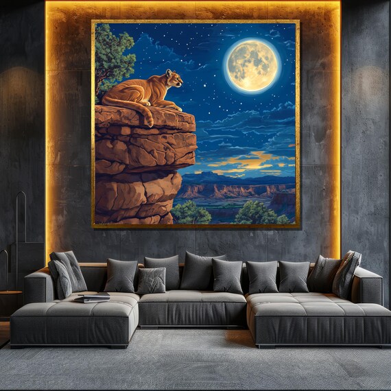 Puma Full Moon Red Rock Canyon Night Majestic Mountain Lion Wall Art