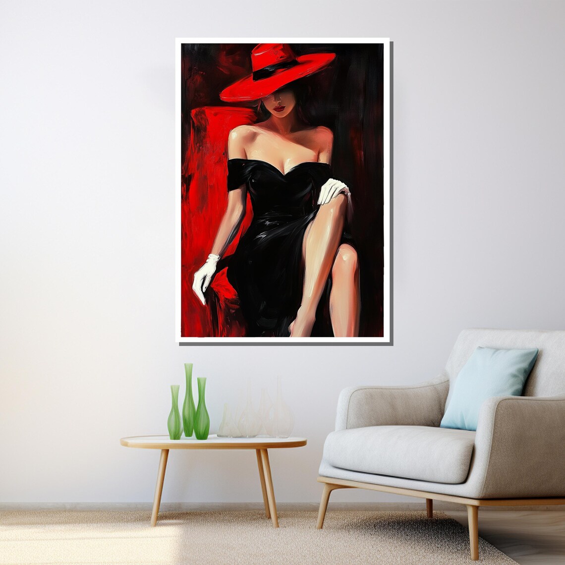 Red Hat Black Dress Woman Elegant Noir Glamour Painting Wall Poster - Image 3