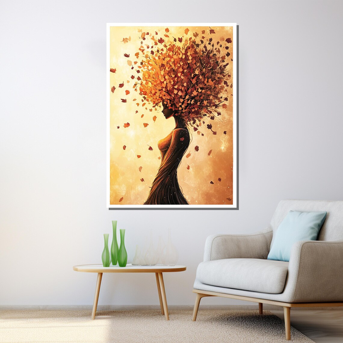 Autumn Leaves Hair Woman Silhouette Golden Fall Painting Wall Poster - Image 3