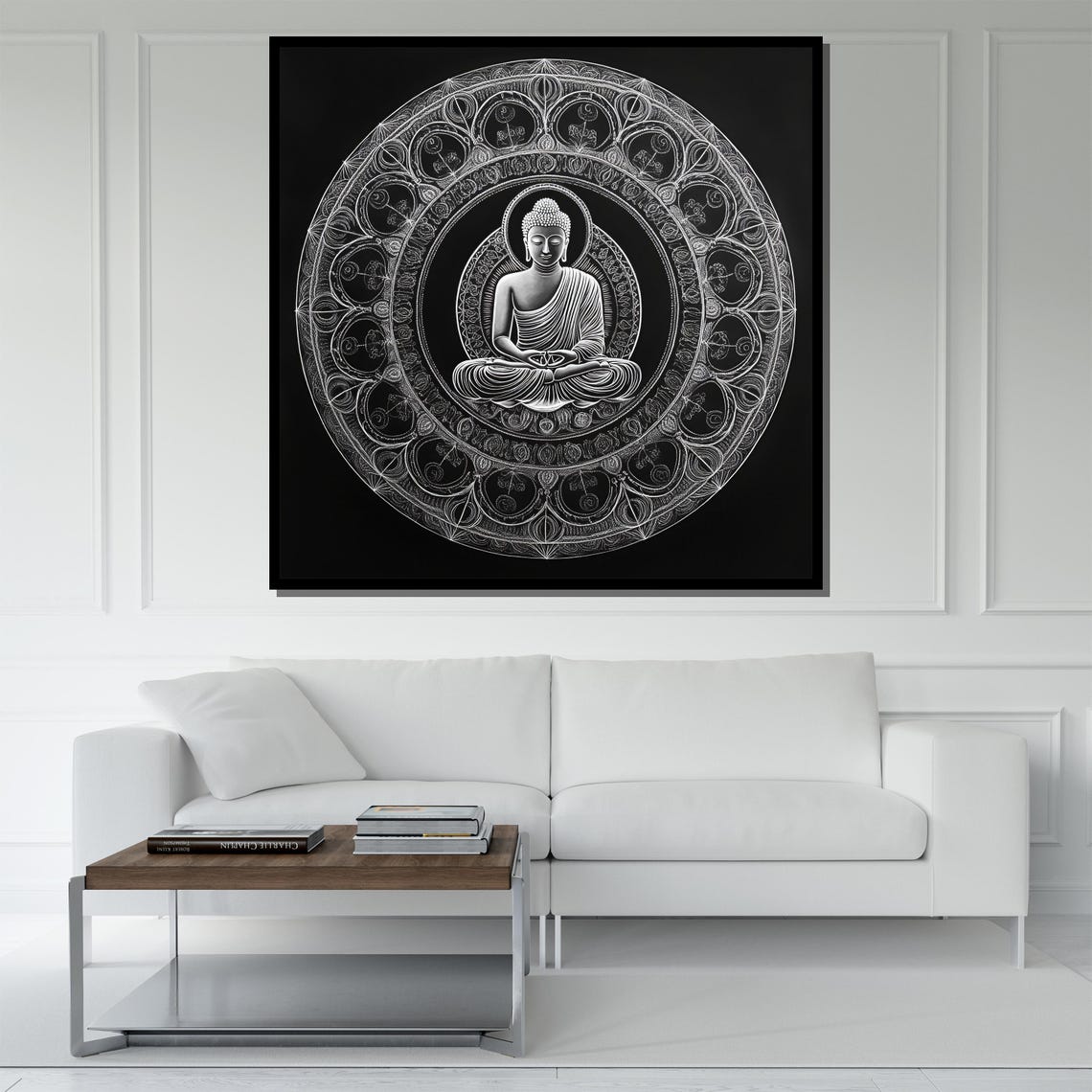 Monochrome Buddha Mandala White Line Art Black Elegant Zen Wall Poster - Image 5