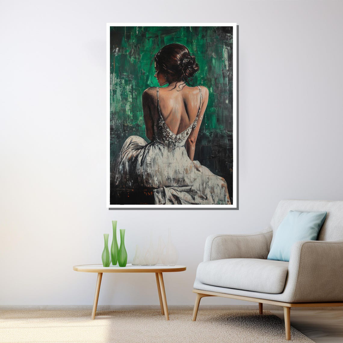 Elegant Woman White Dress Back View Emerald Green Painting Wall Poster - Image 3