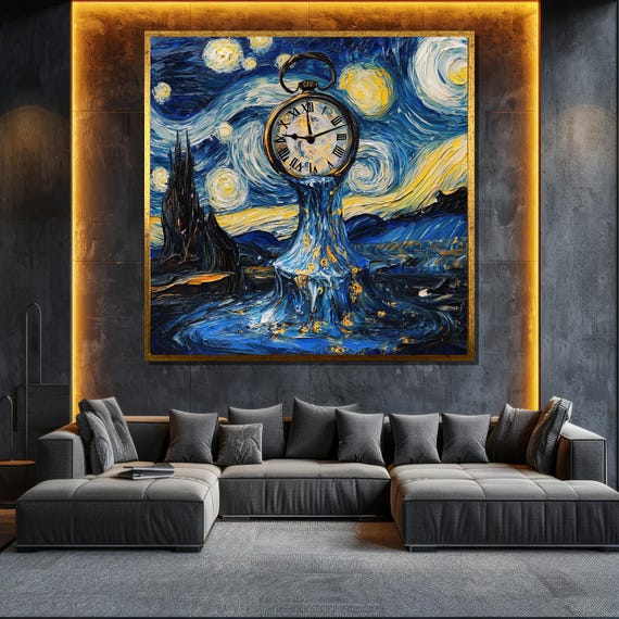 Starry Night Inspired Melting Clock Painting Surrealist Wall Art For Living Room Unique Art Gift