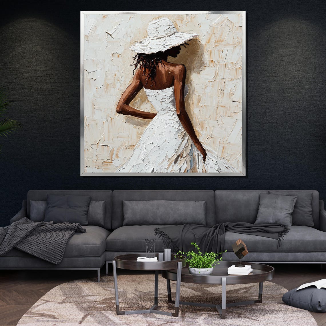 Elegant Woman in White Hat Textured Impasto Abstract Canvas Wall Art - Image 4