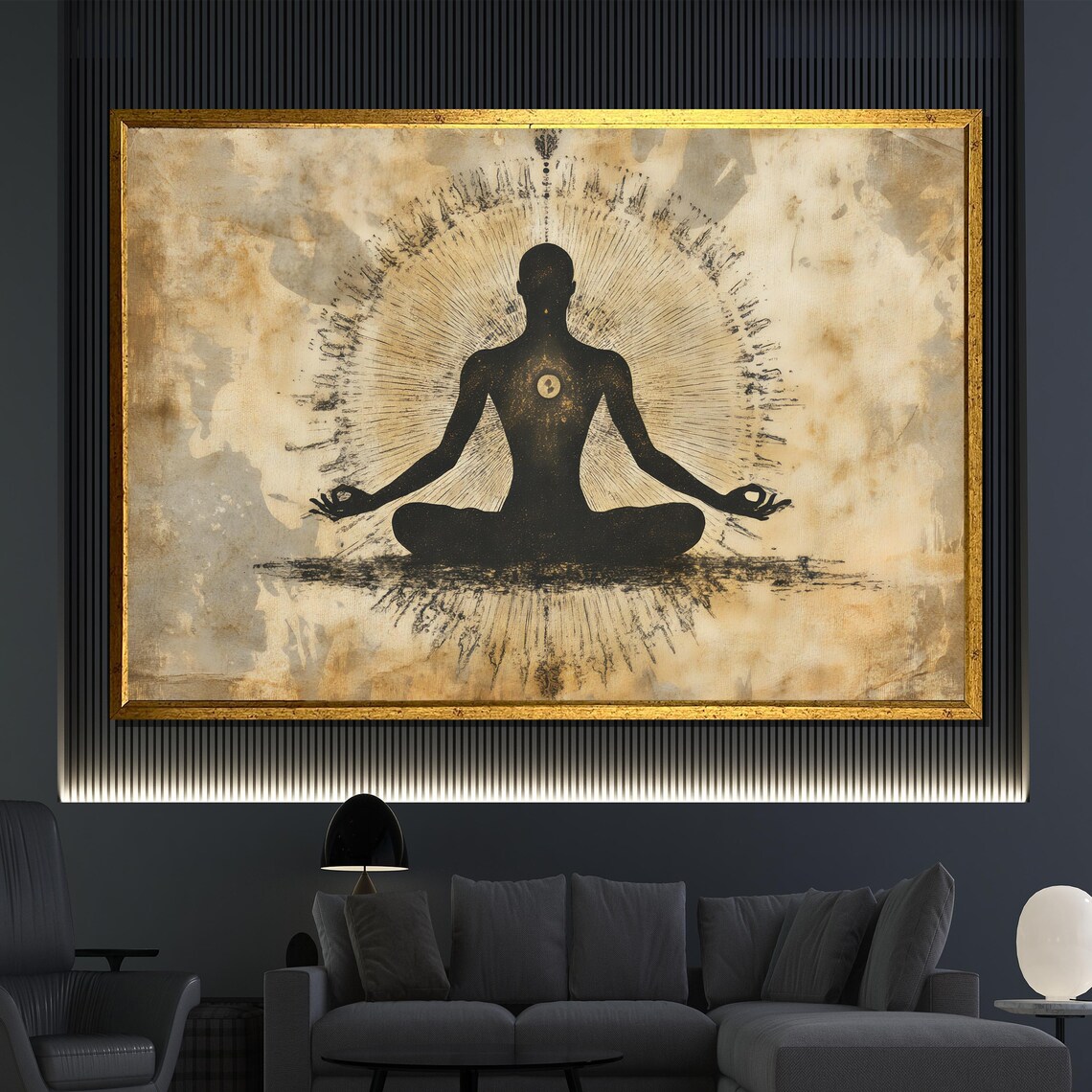 Meditation Silhouette Golden Aura Vintage Parchment Minimalist Zen Poster