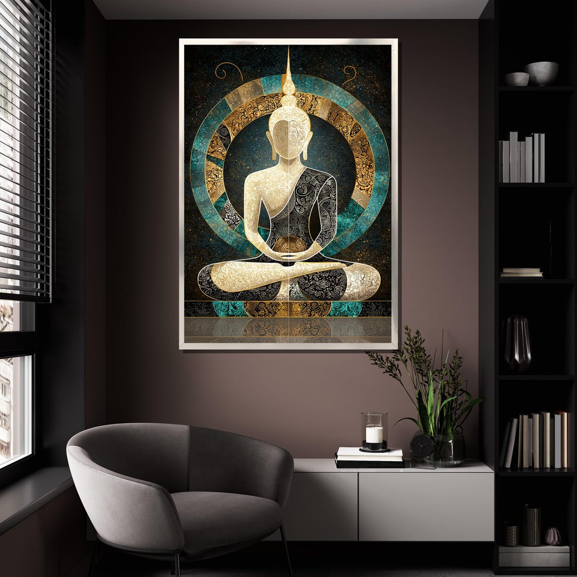 Meditating Buddha Gold Teal Mandala Spiritual Painting Wall Art Poster - Image 4