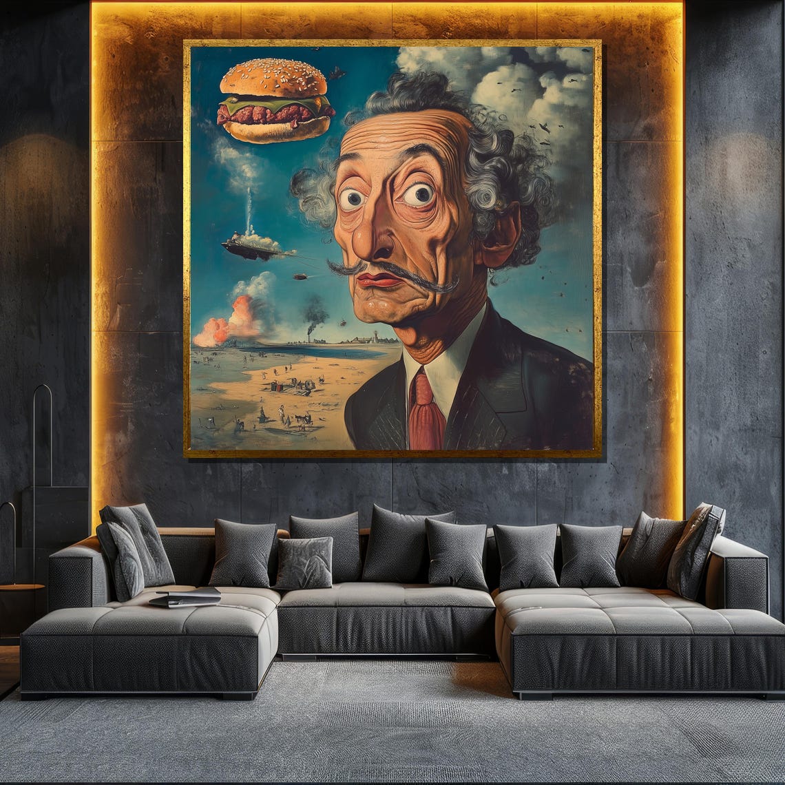 Salvador Dali Style Surrealist Portrait With Flying Burger Poster