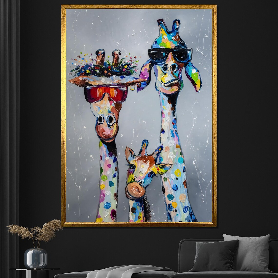 Colorful Giraffe Family With Sunglasses Fun Animal Painting Poster