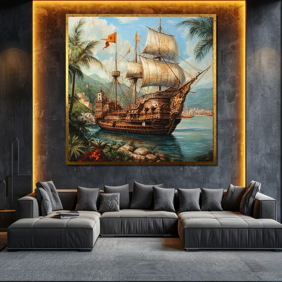 Vintage Sailing Ship Painting Nautical Wall Art With Coastal Scenery For Living Room Decor Maritime Gift