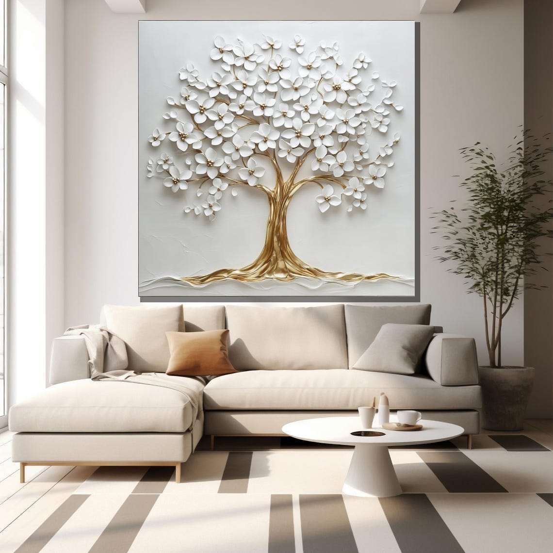 Gold Tree Of Life With White Blossoms 3D Textured Art Poster - Image 2