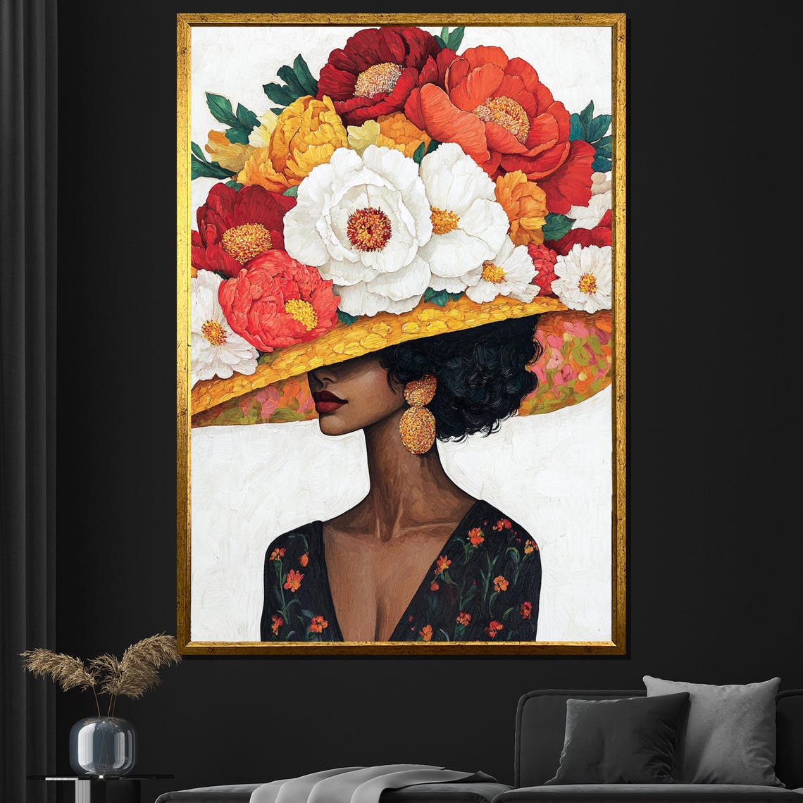 Black Woman Floral Hat Peonies Portrait Elegant Gold Frame Wall Art