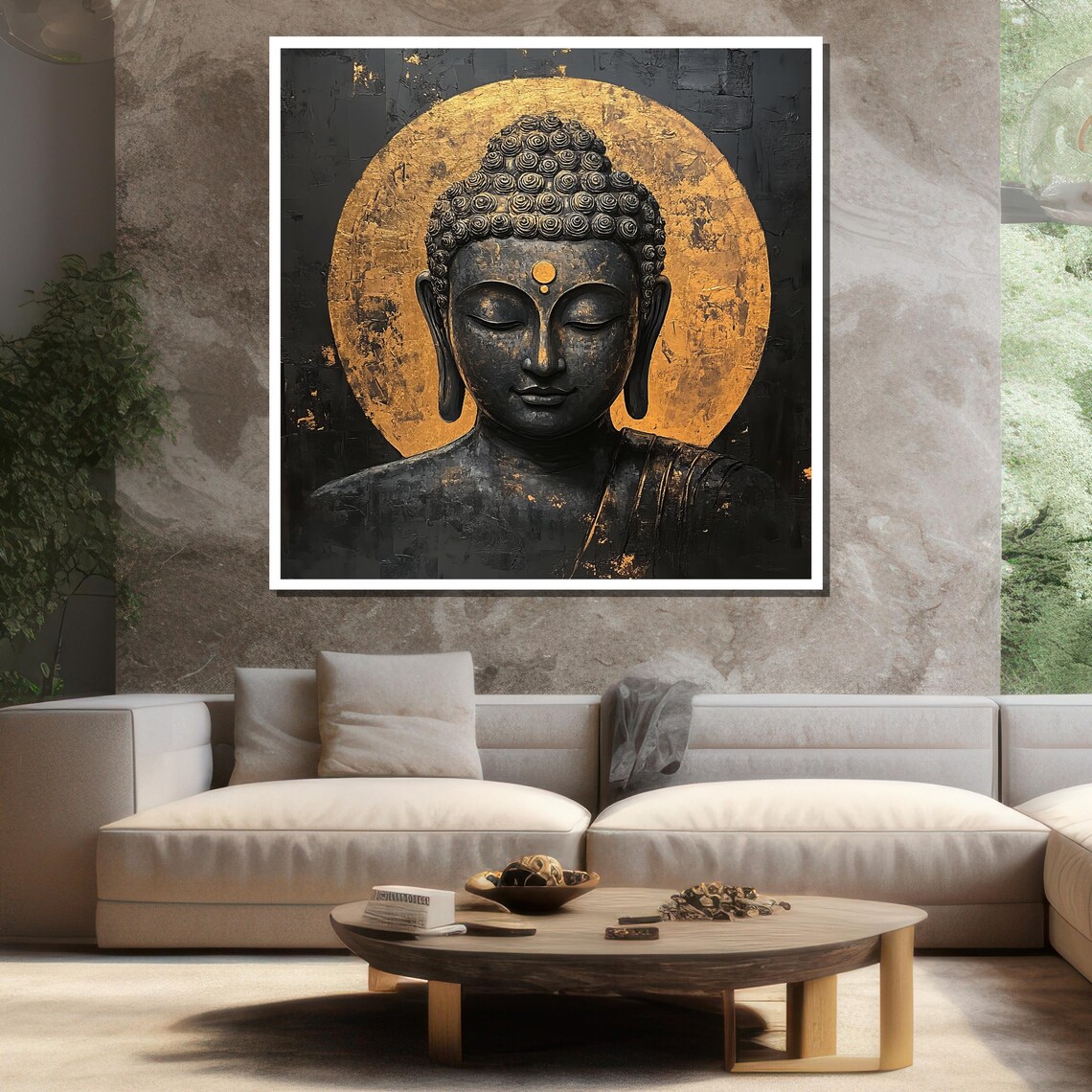 Black Stone Buddha Golden Halo Circle Luxury Zen Meditation Wall Poster - Image 3