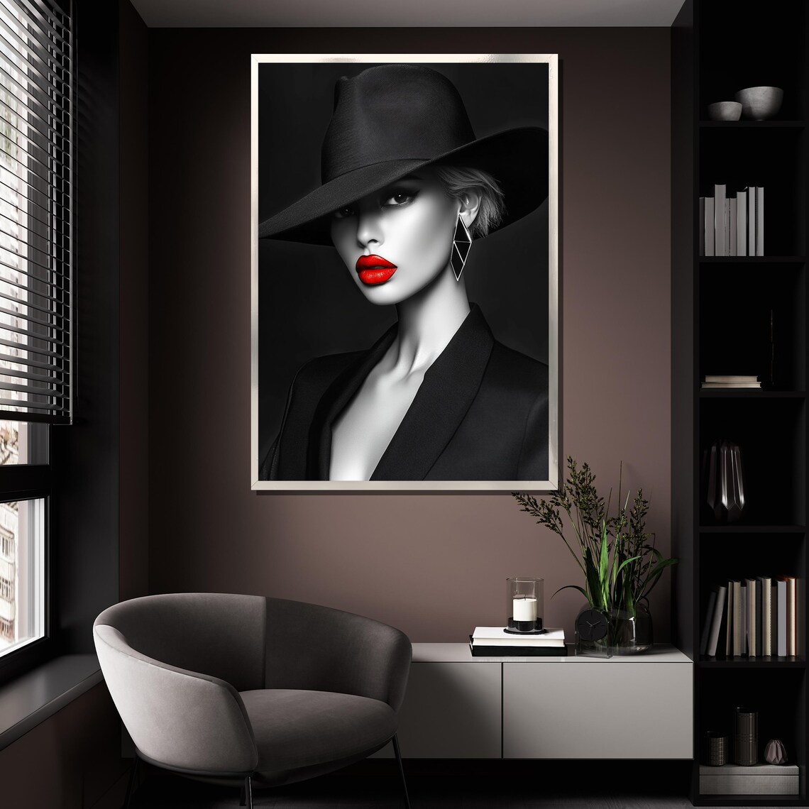 Black Hat Red Lips Woman Bold Monochrome Fashion Portrait Wall Poster - Image 4