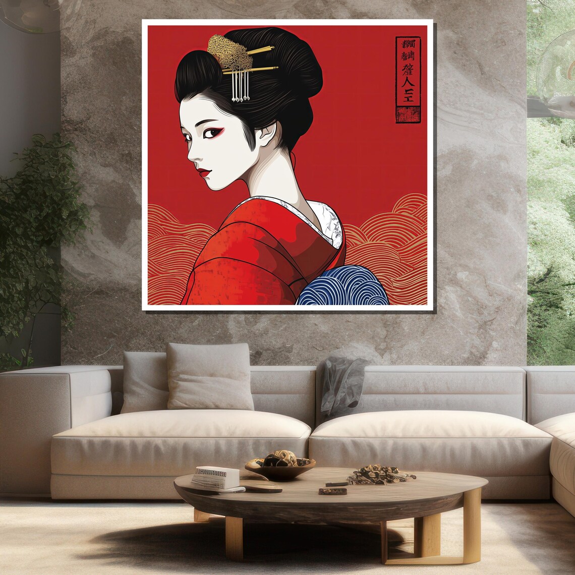 Red Geisha Portrait Traditional Japanese Graphic Style Art Poster - Image 3