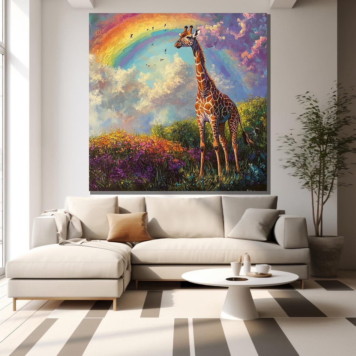 Giraffe Rainbow Meadow Colorful Wildflower Safari Wildlife Wall Art - Image 2