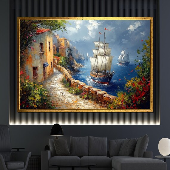 Mediterranean Coastal Village Painting Sailing Ship Wall Art Scenic Seaside Landscape Nautical Home Decor Gift