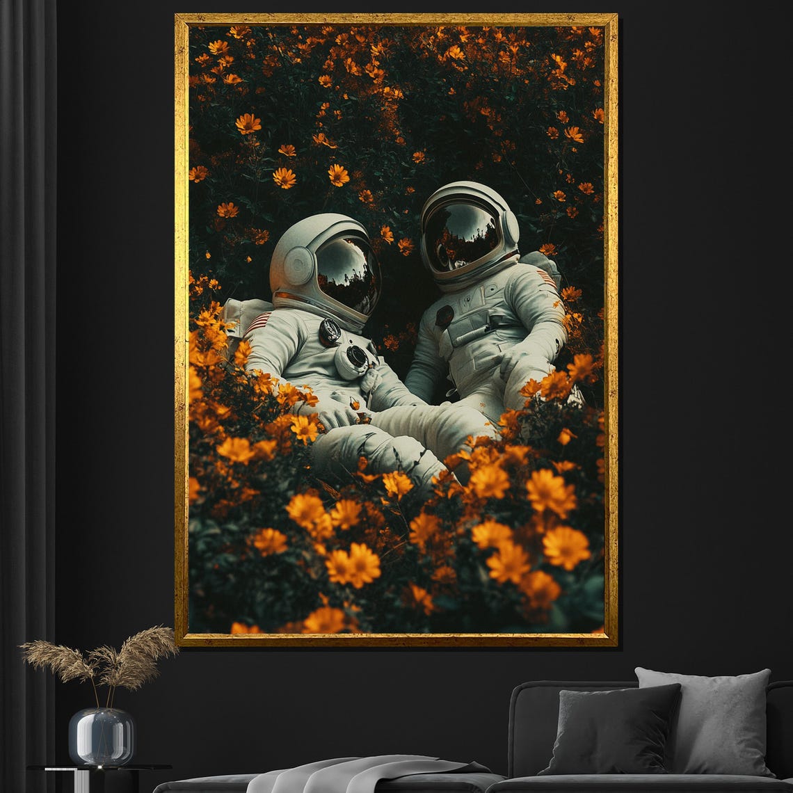 Two Astronauts Resting Together In A Field Of Orange Flowers Poster