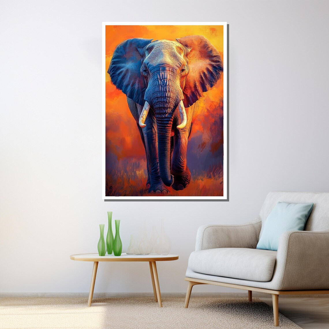 Elephant Walking Sunset Orange Blue Painting Majestic African Wildlife Wall Art Poster - Image 3