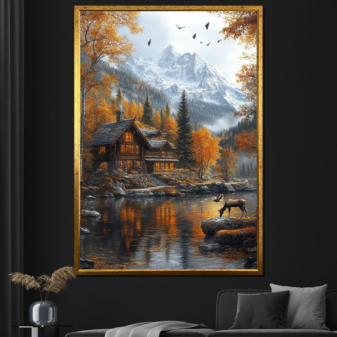 Mountain Lake Cabin At Autumn With Moose Wildlife Scenic Art Poster