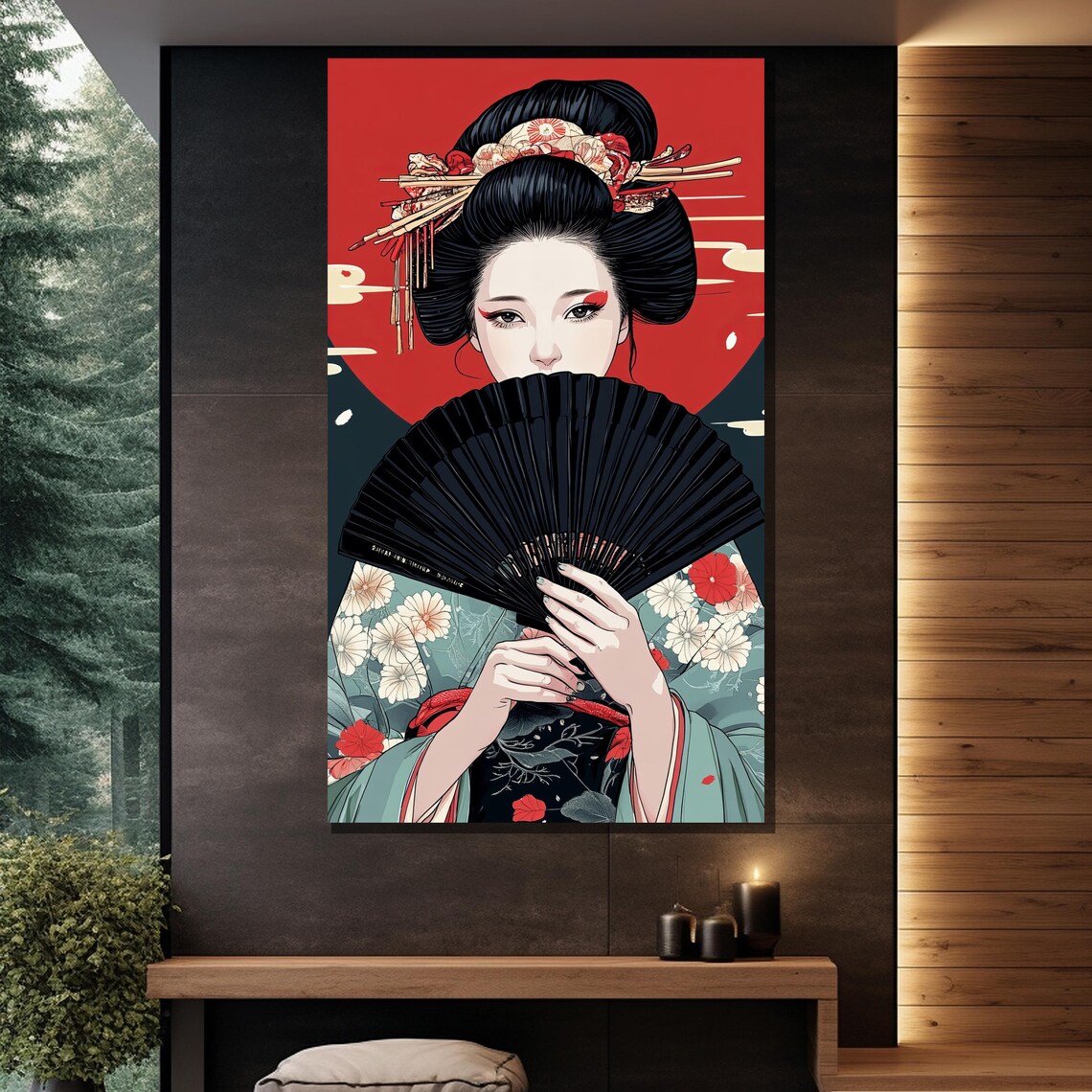 Geisha Holding Black Fan Traditional Japanese Graphic Art Poster - Image 2