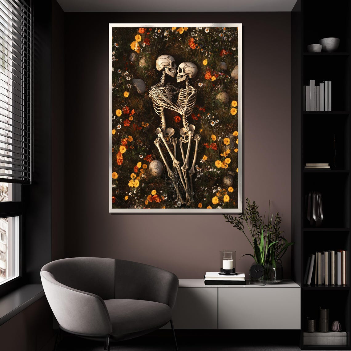 Two Skeletons Embracing In A Wildflower Field Surreal Art Poster - Image 4