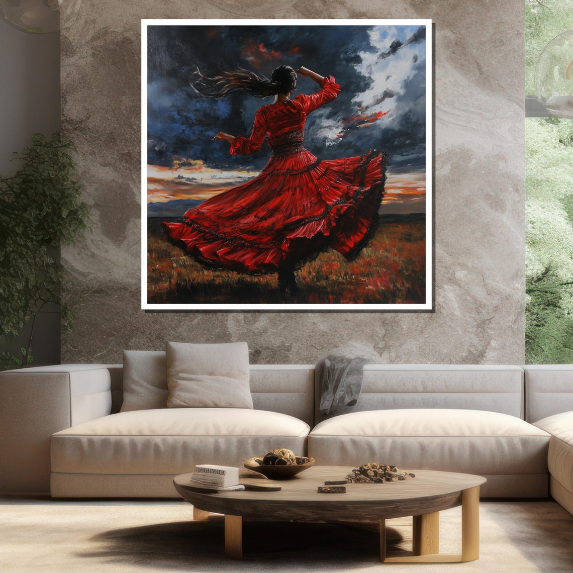 Flamenco Dancer In Red Dress Spinning At Sunset Field Painting Poster - Image 3