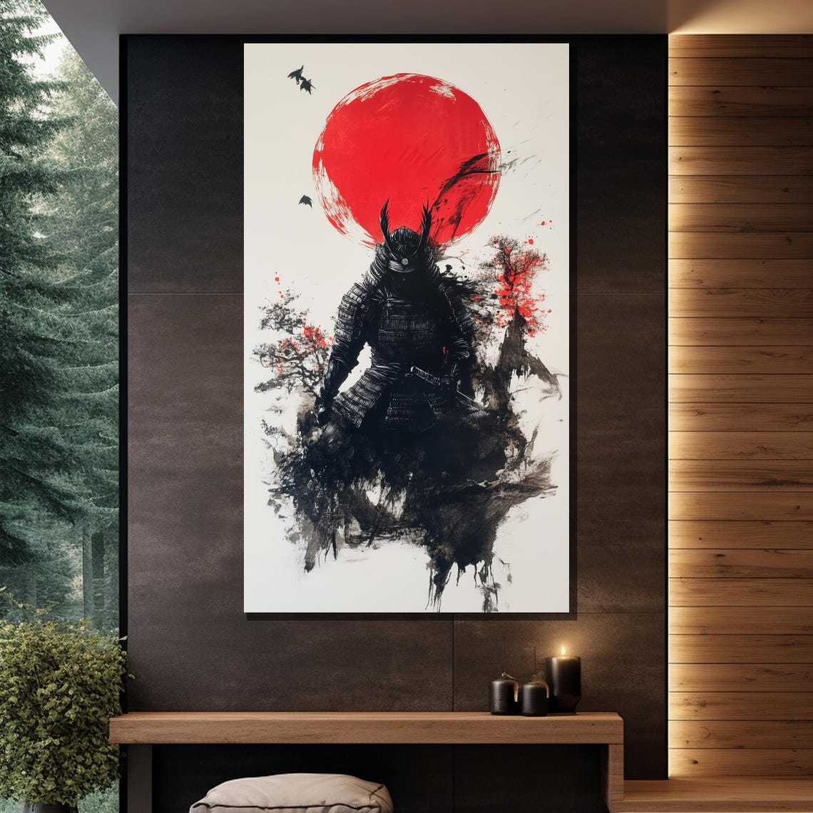 Samurai Warrior Armor Red Sun Japanese Ink Wash Painting Wall Art - Image 2