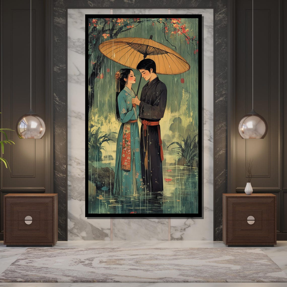 Romantic Chinese Couple Under Paper Umbrella In Rain Art Wall Poster - Image 5